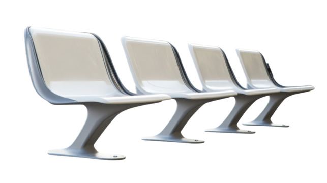 Four empty white and gray chairs in waiting area on transparent background