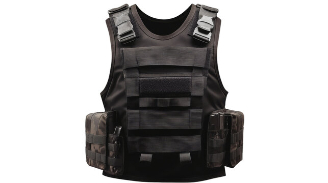 Modern tactical body armor vest with pouches on transparent background