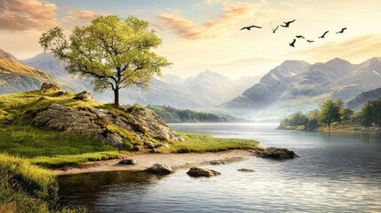 Serene lake, mountain vista, lone tree, birds flying, peaceful landscape, nature wallpaper