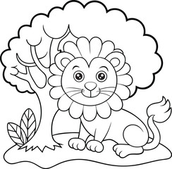 Adorable Cartoon Lion Cub Coloring Page Under Tree