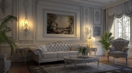 This 3D picture shows a living room. There's a white frame on the wall with a sofa in the middle of the room, and other furniture is placed to create a comfortable and luxurious space.