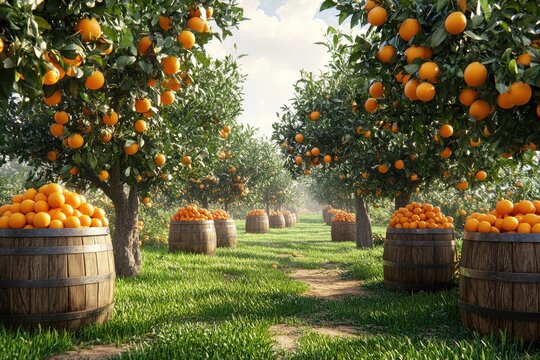 Harvesting oranges citrus grove nature landscape lush environment serene viewpoint