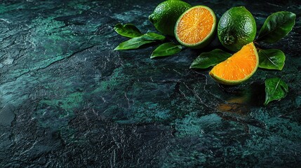 Limes and oranges on dark surface, cooking background, food photography, recipe illustration