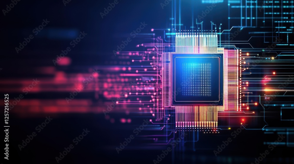 Aufkleber Computer chip on a circuit board illuminated by blue and red lights in a technology setting