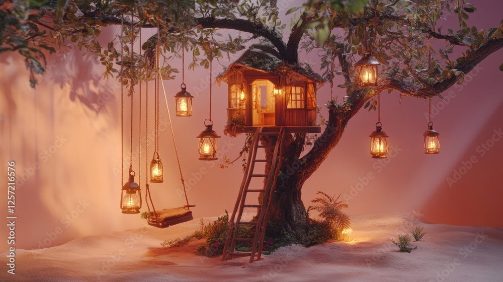 Aufkleber Enchanting treehouse illuminated by lanterns and accompanied by a swing