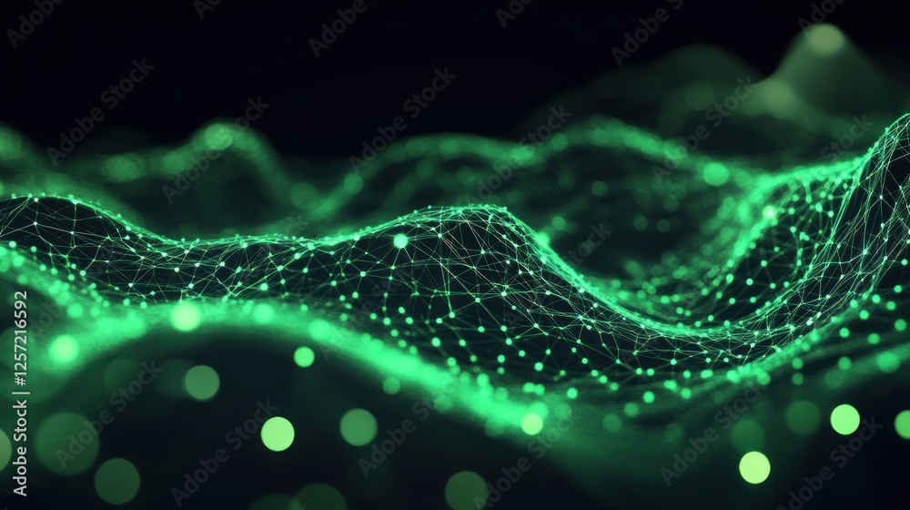 Poster Abstract green network connecting dots over a dark background
