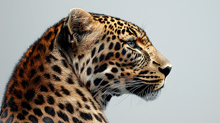 Majestic Leopard Profile: A powerful leopard, its coat a mesmerizing tapestry of black rosettes on a tawny background, is captured in profile, gazing intently off into the distance.