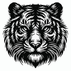 Monochrome Tiger Front Face Design Logo Style Vector Illustration Silhouette on White Background for Tattoo Photo Overlays T-shirt Print Flyer Poster Design