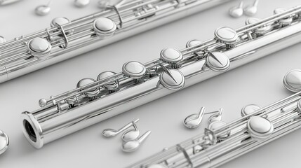 Obraz premium Polished Silver Flute Instruments on White Background with Musical Notes