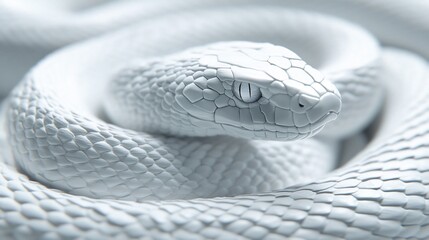 Fototapeta premium White snake coiled, studio shot, blurred background, design element