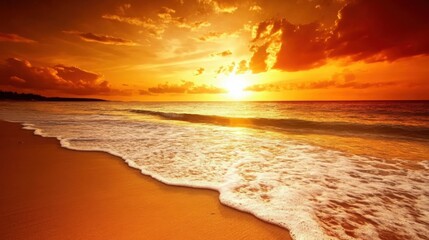 Obraz premium Beautiful Ocean Beach Sunset with Orange Sky and Waves