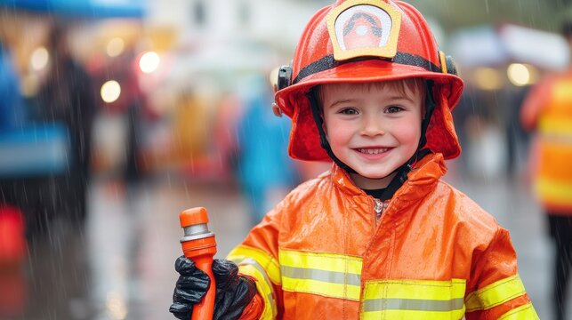 Brightly dressed young boy in firefighter costume holds toy fire hose at a lively costume event