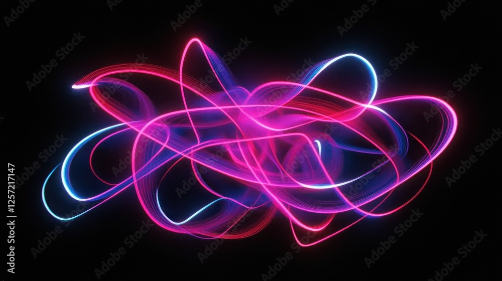 Poster neon light trails form an abstract shape in darkness