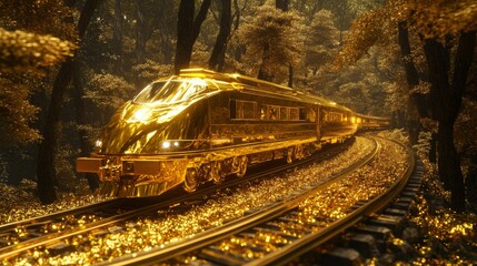 Fototapeta premium a gold train moving fast on a gold rail way in a forest setting with trees