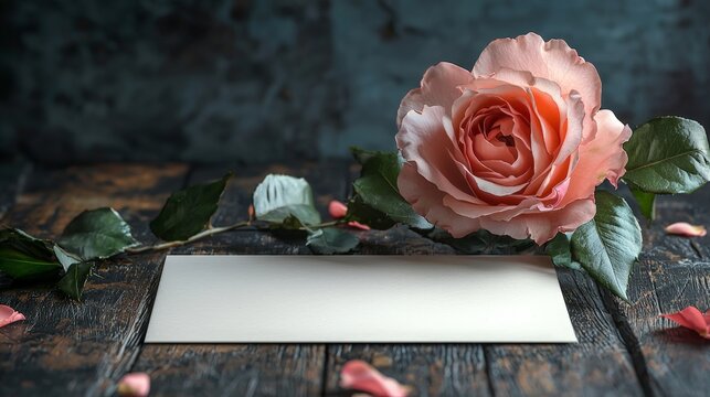 Mockup Delicate Pink Rose with Lush Green Leaves Beside a Blank Card Evokes Feelings of Love and Appreciation Perfect for Romantic Gestures and Celebrations Valentine"s Day - Powered by Adobe