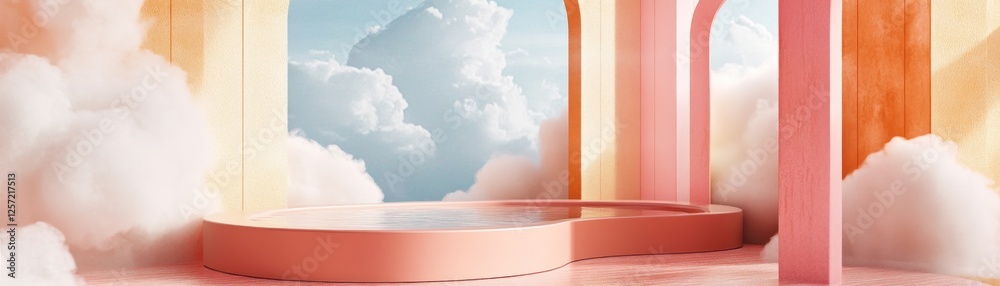 Poster dreamy pink platform with water and cloudy background backdrop