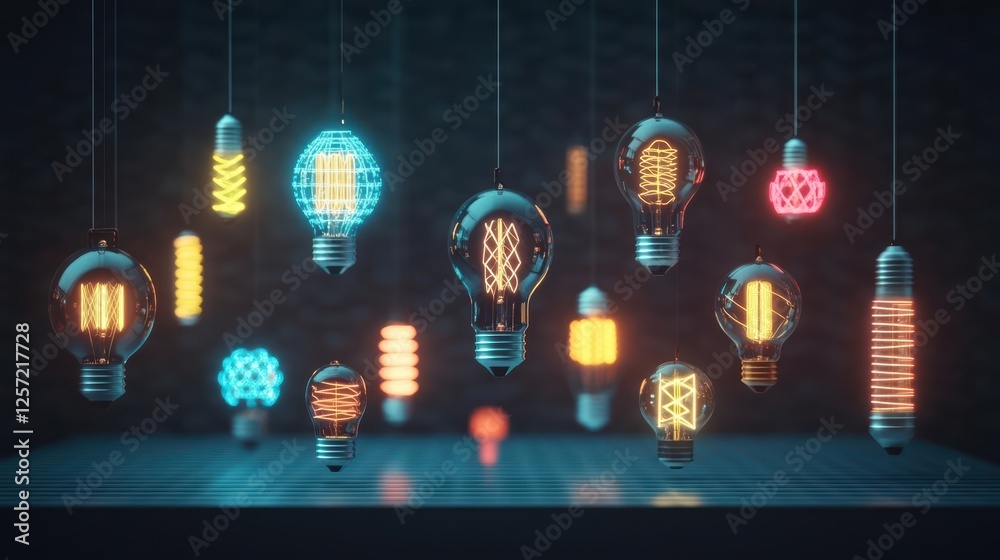 Poster group of light bulbs hanging from the ceiling in a modern interior setting with warm lighting