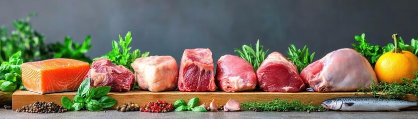 Raw meats and assorted vegetables arranged on a rustic wooden cutting board for meal preparation