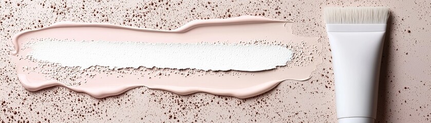 Obraz premium Pink & white cream swatches on textured surface; applicator brush; beauty product