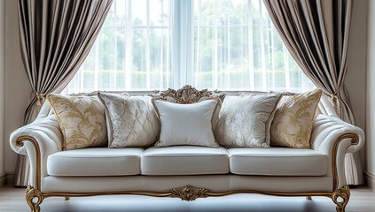Elegant Gold Trimmed Sofa with Luxurious Cushions near Window, Creating a Serene Living Room Atmosphere