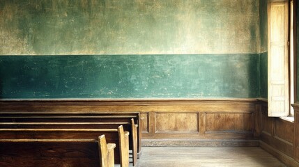 Old church pews, green walls, sunlit window, rustic interior, historical setting