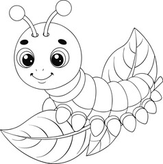 Adorable Cartoon Caterpillar on Leaf, Black and White Drawing