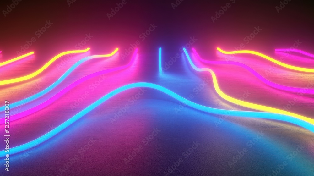 Poster vibrant multicolored neon lights arranged in parallel wavy lines