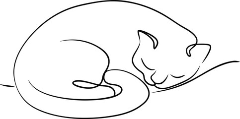 Sleeping Curled Cat Line Art Minimalist Pet Drawing