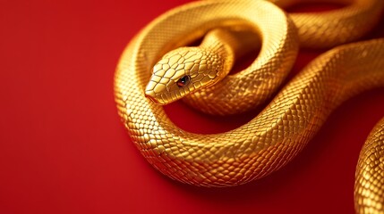 Fototapeta premium A golden snake on an isolated red background. The snake's body is winding into a very perfect shape, and the light bounces off the snake, creating different shades of reflections. This scene creates