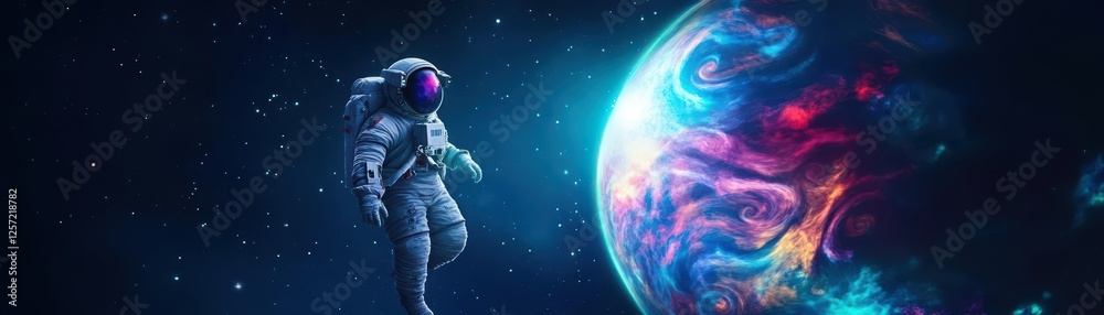 Aufkleber astronaut standing on a barren landscape with a large planet visible in the sky above