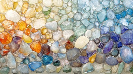 Colorful mosaic of assorted rounded stones arranged gradient style