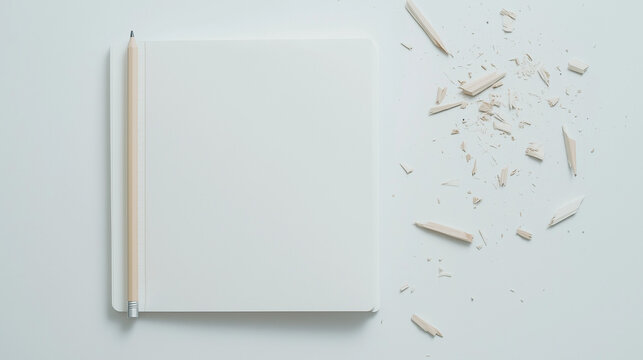 Blank Notebook and Pencil Shavings: A minimalist flat lay showcasing a blank notebook with a wooden pencil and scattered pencil shavings, suggesting creativity, new beginnings, or artistic process.