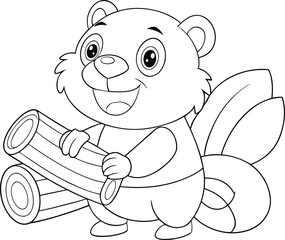 Adorable Cartoon Beaver Carrying Wood, Line Art, Coloring Page