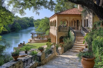 Fototapeta premium Tranquil luxury serene riverfront villa in texas real estate photography
