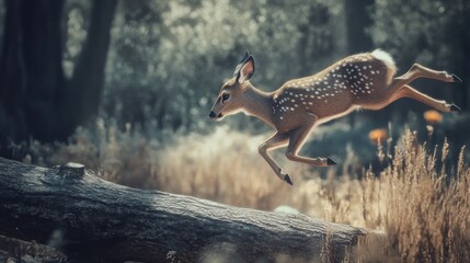 Fawn leaping gracefully over fallen log in a forest