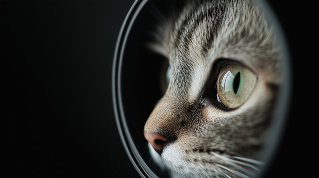 Curious Cat in a Circle: A captivating close-up of a grey tabby cat's face, its curious green eyes peering from within a dark circular frame, creating a mysterious and intriguing portrait. 