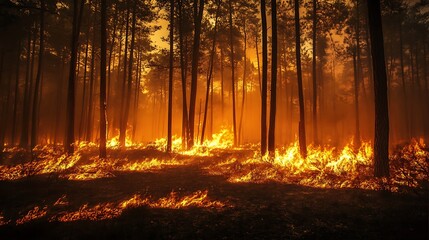 Fototapeta premium Inferno Engulfs Woodland, The Devastating Power of Wildfire Through Nature