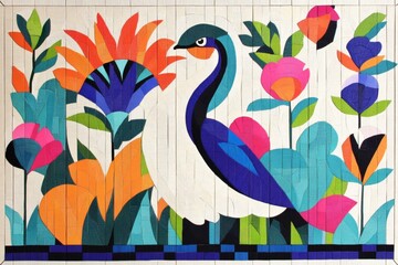 Fototapeta premium Colorful Bird among Floral Patterns