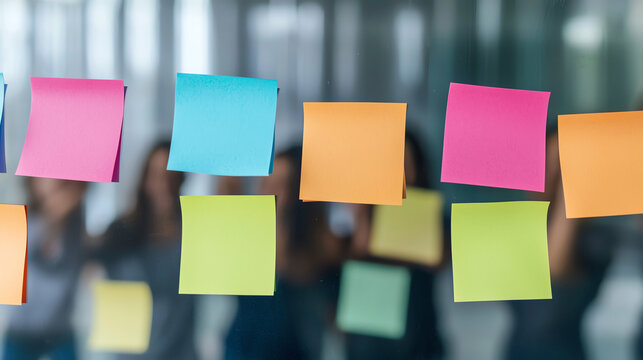 Brainstorming session with colorful sticky notes on glass wall