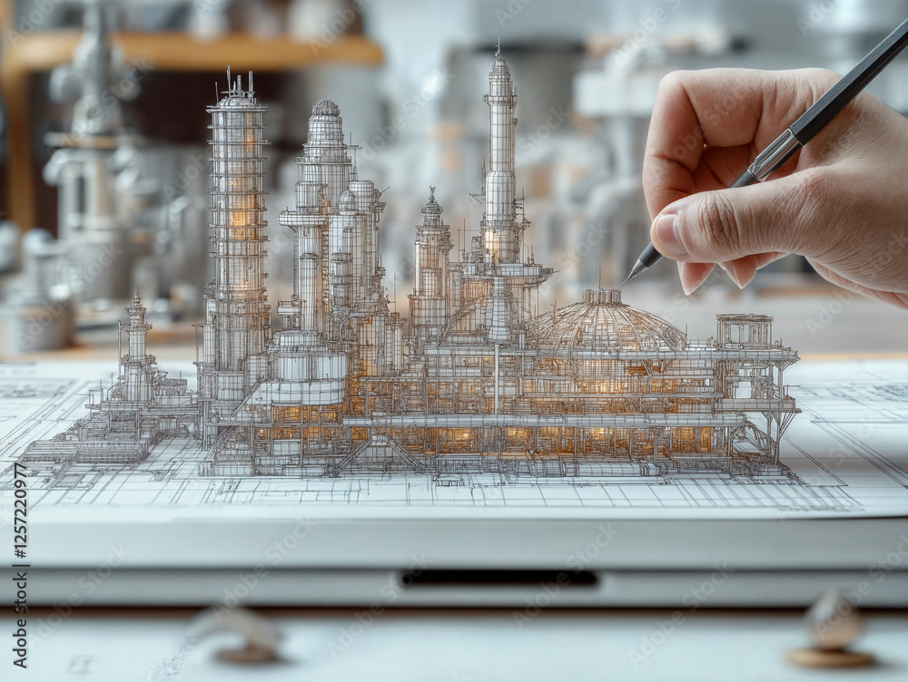 Poster abstract background 3d architectural drawing of building construction with sketch lines . generative