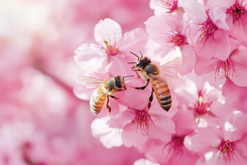       Araffe bee on a pink flower with a blue sky in the background