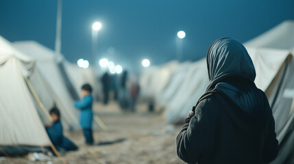 Refugee Camp at Night: A woman in a dark headscarf stands in a refugee camp at dusk, the blurry figures of children and tents in the background suggest displacement and vulnerability.