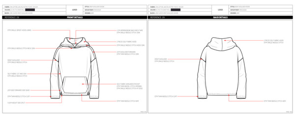 Men's Drop Shoulder with Kangaroo Pocket Hoodie Fashion Design Technical Tech Pack. 