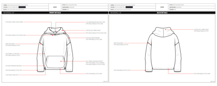 Men's Drop Shoulder with Kangaroo Pocket Hoodie Fashion Design Technical Tech Pack. 