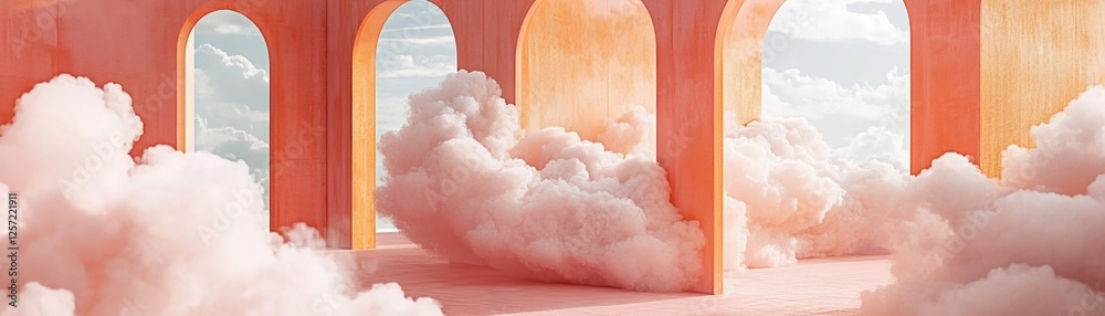 Poster archways frame fluffy clouds within an ethereal pink space