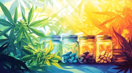 Four jars with pills are placed in a cannabis field