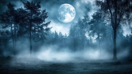 Fototapeta premium A large moon illuminates a foggy forest at nighttime