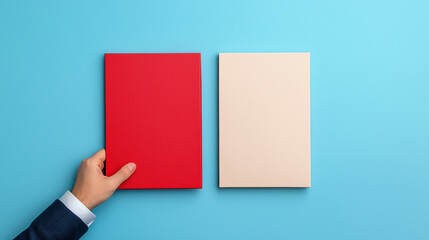 businessman holding red and beige file on blue background
