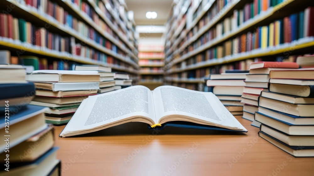 Aufkleber book resting on a wooden table in a library with shelves full of books in the background