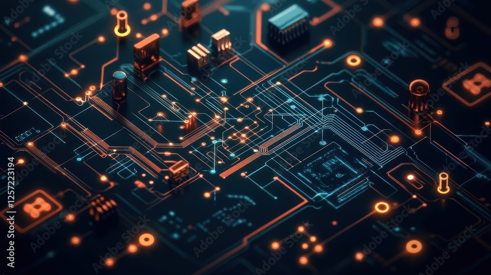 Poster Close-up view of a printed circuit board with multiple circuits and electronic components